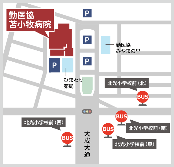 JR苫小牧駅からバスでご来院される方は道南バス北光小学校前下車、苫小牧駅北口のりばは路線場号3番鉄北北口線もしくは14番錦西文化公園線、苫小牧駅バスターミナルのりば（南口）は路線番号15番有珠の沢線。タクシーをご利用の場合はJR苫小牧駅から約5分、駐車場があります 